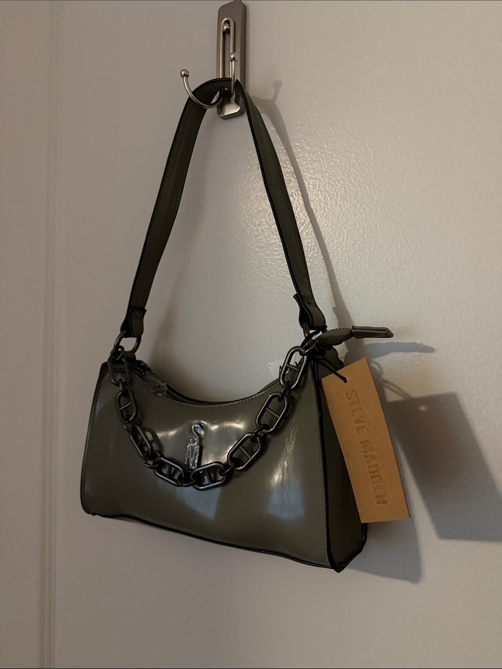 Steve Madden Olive Patent Shoulder Bag with Chunky Chain